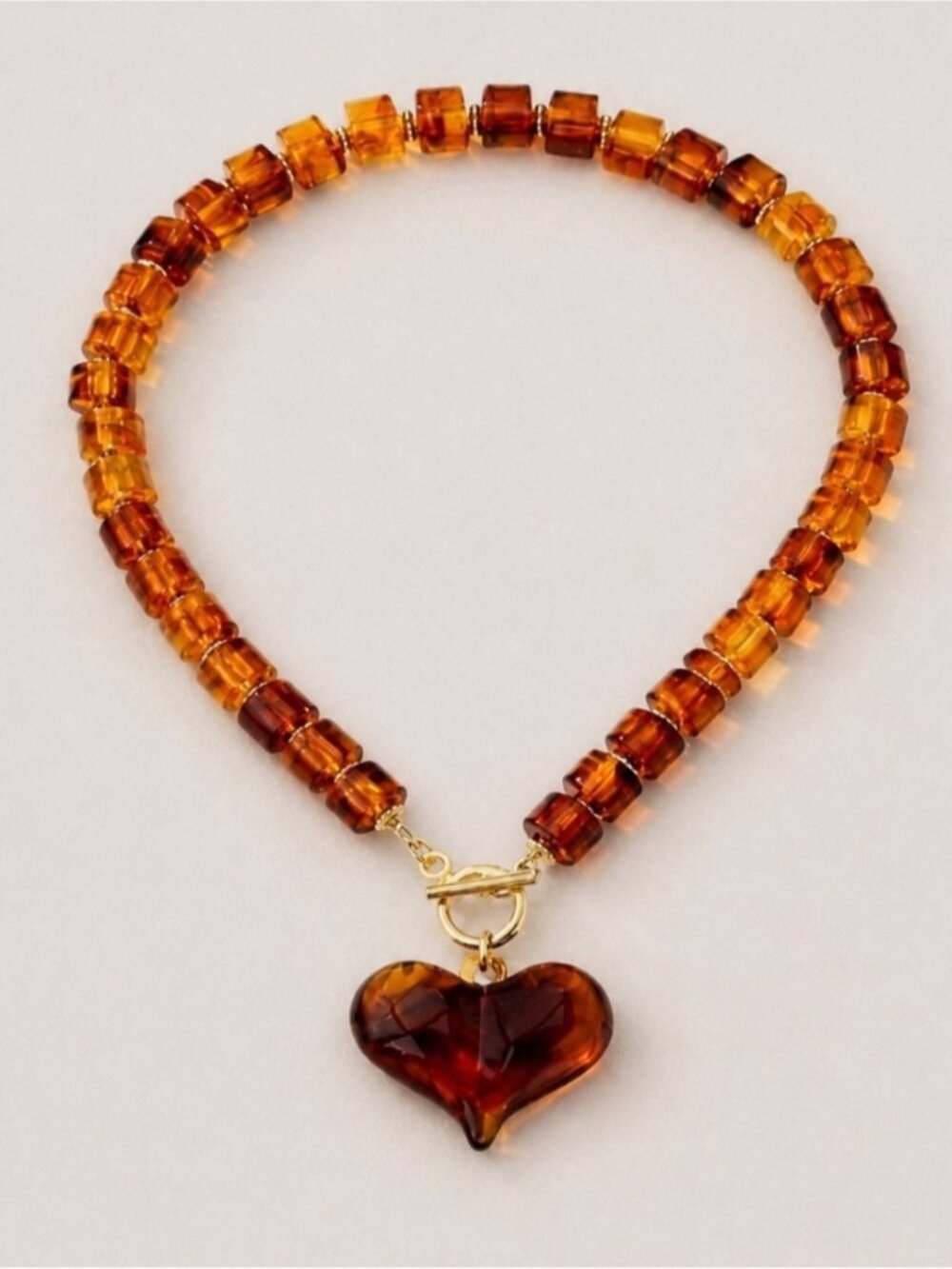 New! Amber Lucite Heart Beaded Necklace NWOT